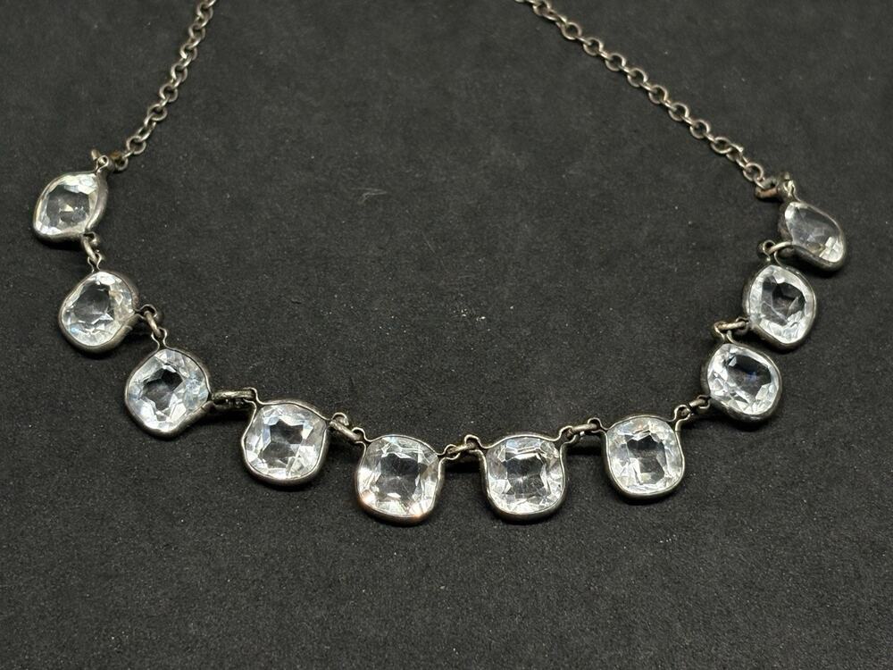 Antique Edwardian Art Deco Sterling Riviere Rock Crystal Rhinestones Necklace